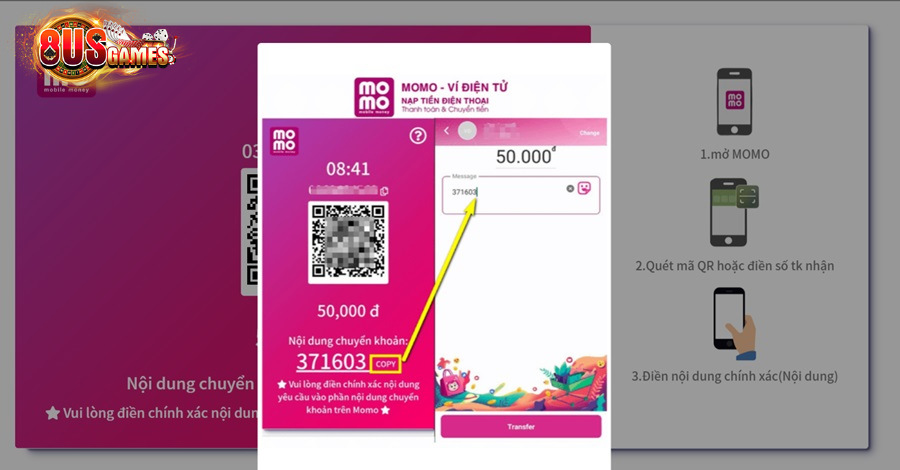 Nạp tiền 8US qua hình thức ví điện tử online Momo